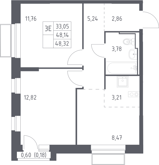Планировка евротрёшка (3Е) 48.32 м² в ЖК «Долина Яузы», корпус 3