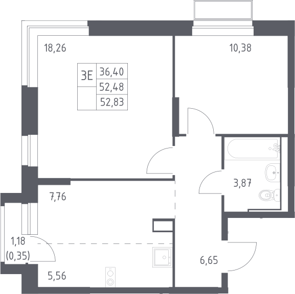 Планировка евротрёшка (3Е) 52.83 м² в ЖК «Долина Яузы», корпус 3
