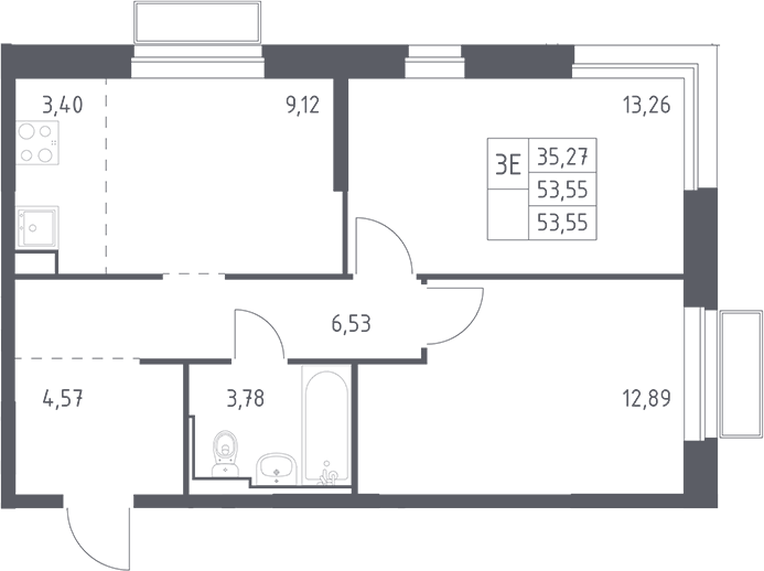 Планировка евротрёшка (3Е) 53.55 м² в ЖК «Долина Яузы», корпус 3