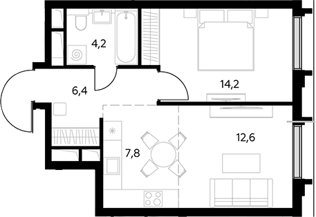 Планировка евродвушка (2Е) 45.2 м² в ЖК «Дом 56», корпус 1