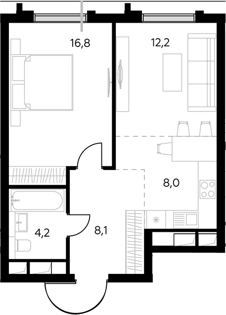 Планировка евродвушка (2Е) 49.3 м² в ЖК «Дом 56», корпус 1