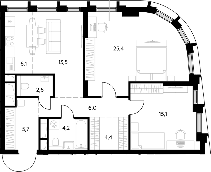 Планировка евротрёшка (3Е) 83 м² в ЖК «Дом 56», корпус 1