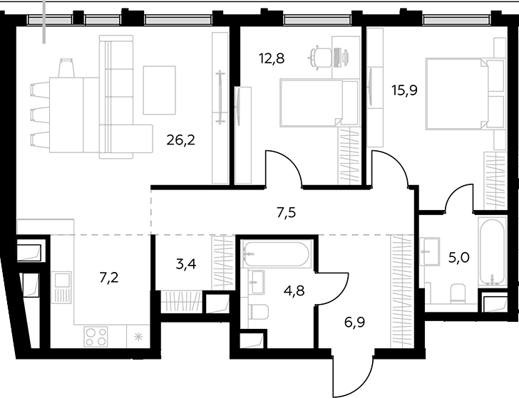 Планировка евротрёшка (3Е) 89.7 м² в ЖК «Дом 56», корпус 1