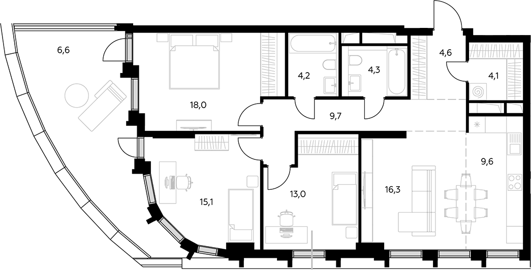 Планировка евро-4 (4Е) 105.5 м² в ЖК «Дом 56», корпус 1
