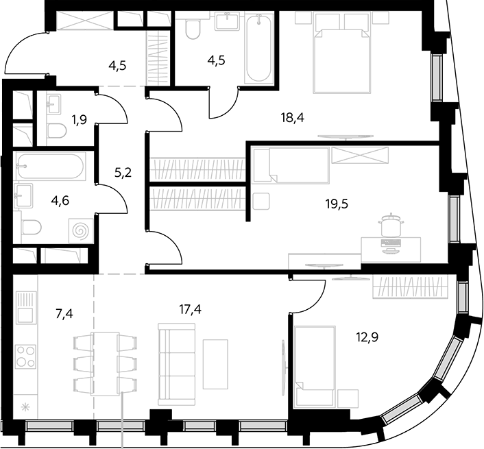 Планировка евро-4 (4Е) 96.3 м² в ЖК «Дом 56», корпус 1