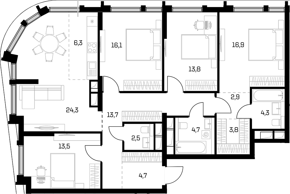 Планировка 5Е-к.кв 127.5 м² в ЖК «Дом 56», корпус 1