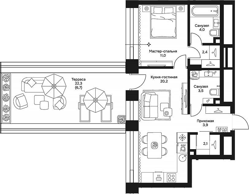 Планировка евродвушка (2Е) 53.8 м² в ЖК «Дом 7 Даниловский», корпус 2