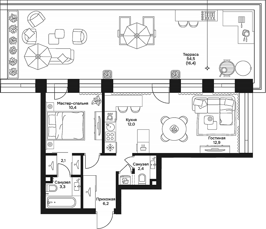 Планировка евродвушка (2Е) 65.7 м² в ЖК «Дом 7 Даниловский», корпус 3