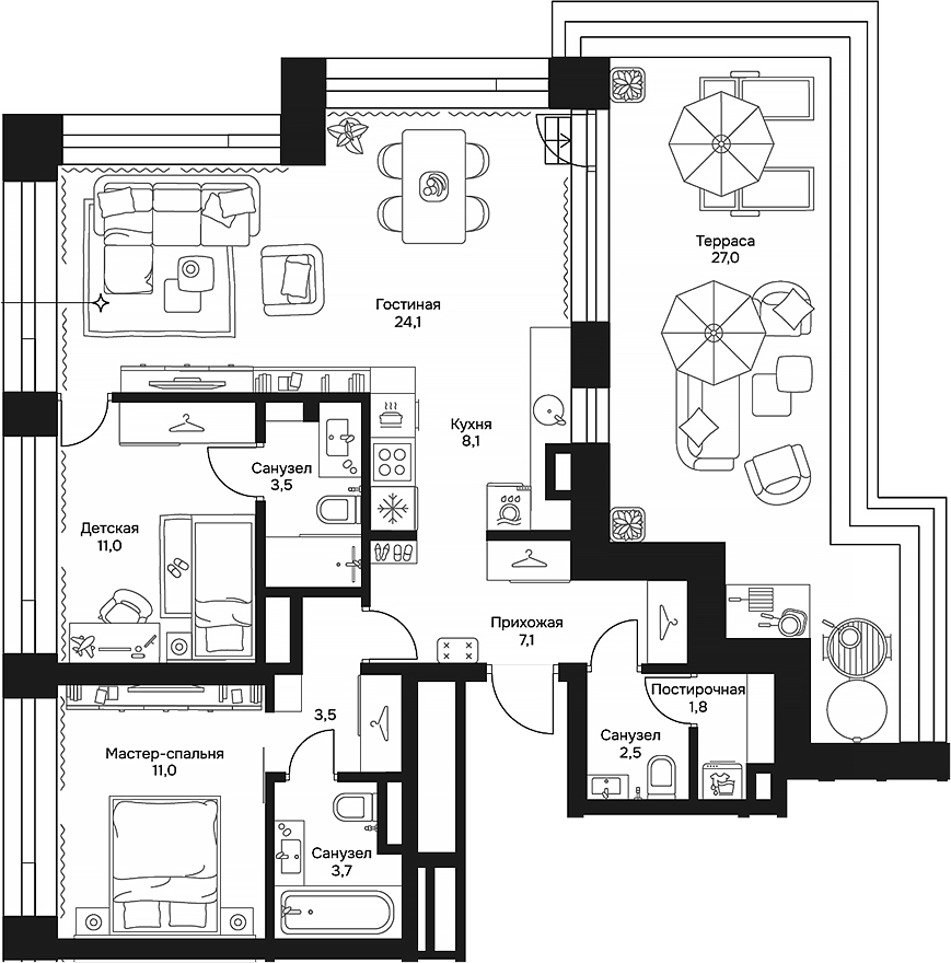 Планировка евротрёшка (3Е) 84.4 м² в ЖК «Дом 7 Даниловский», корпус 2