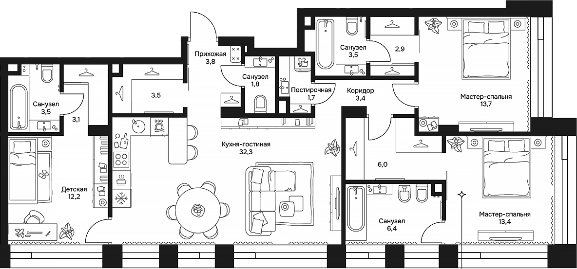 Планировка евро-4 (4Е) 111.2 м² в ЖК «Дом 7 Даниловский», корпус 1