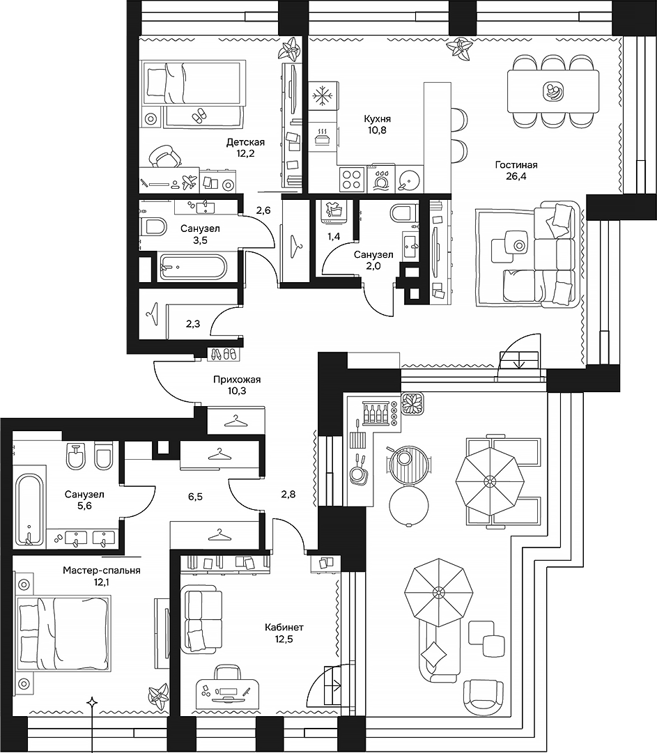 Планировка евро-4 (4Е) 118.6 м² в ЖК «Дом 7 Даниловский», корпус 3