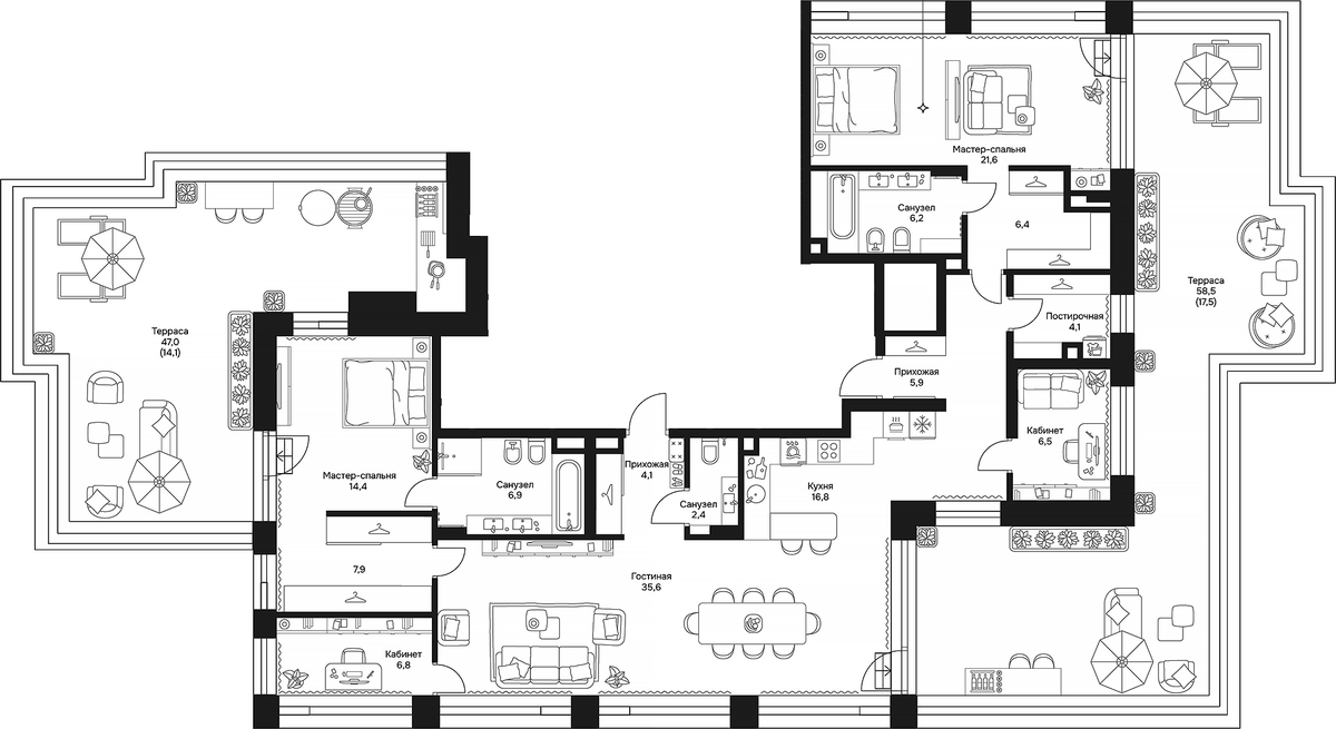Планировка пятикомнатная 177.2 м² в ЖК «Дом 7 Даниловский», корпус 1
