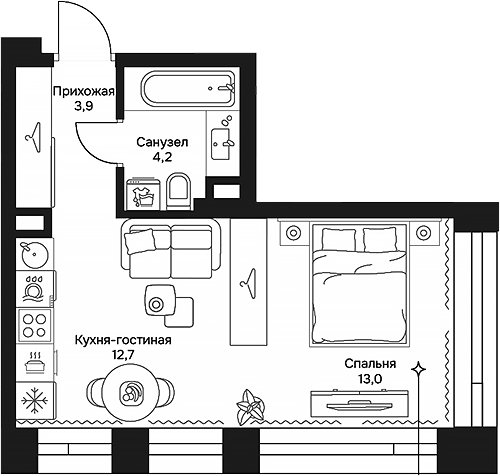 Планировка Студии 33.8 м² в ЖК «Дом 7 Даниловский», корпус 3