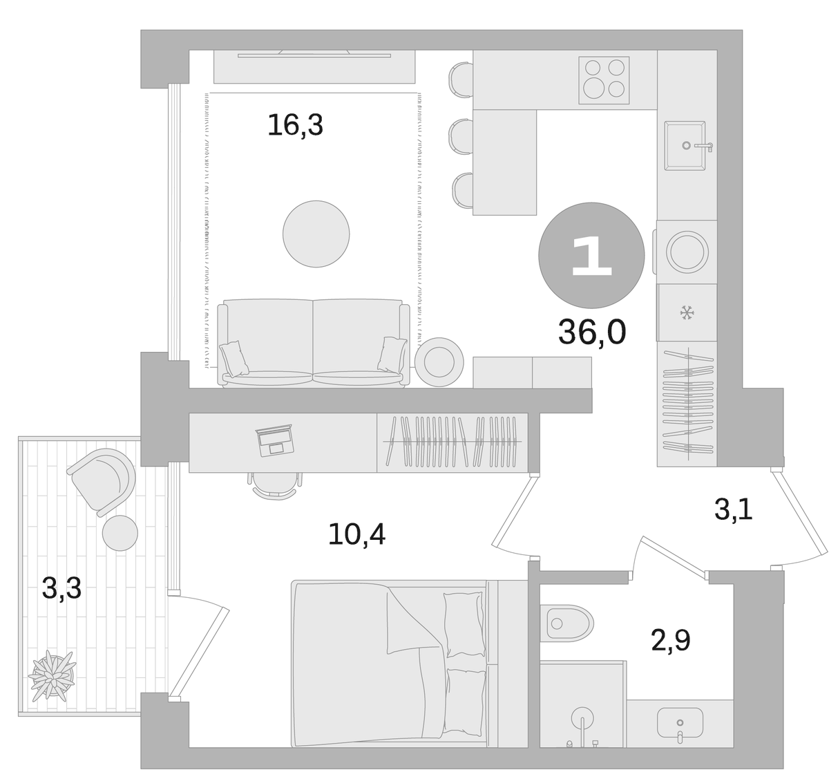 Планировка однокомнатная 36 м² в ЖК «Дом А», корпус 1