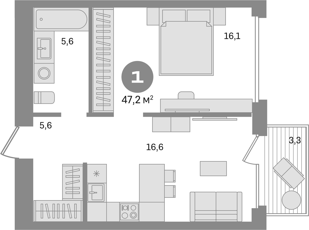 Планировка однокомнатная 47.2 м² в ЖК «Дом А», корпус 1