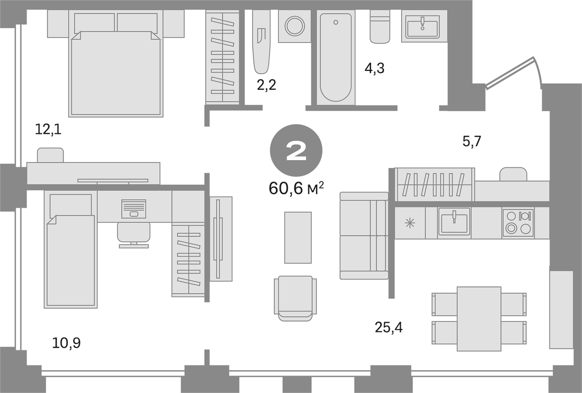 Планировка двухкомнатная 60.6 м² в ЖК «Дом А», корпус 1