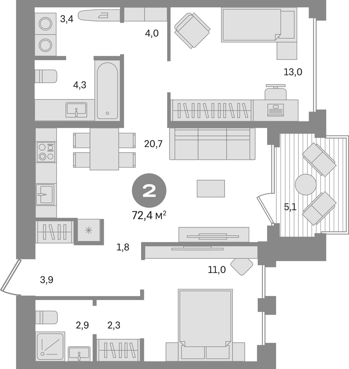 Планировка двухкомнатная 72.4 м² в ЖК «Дом А», корпус 1