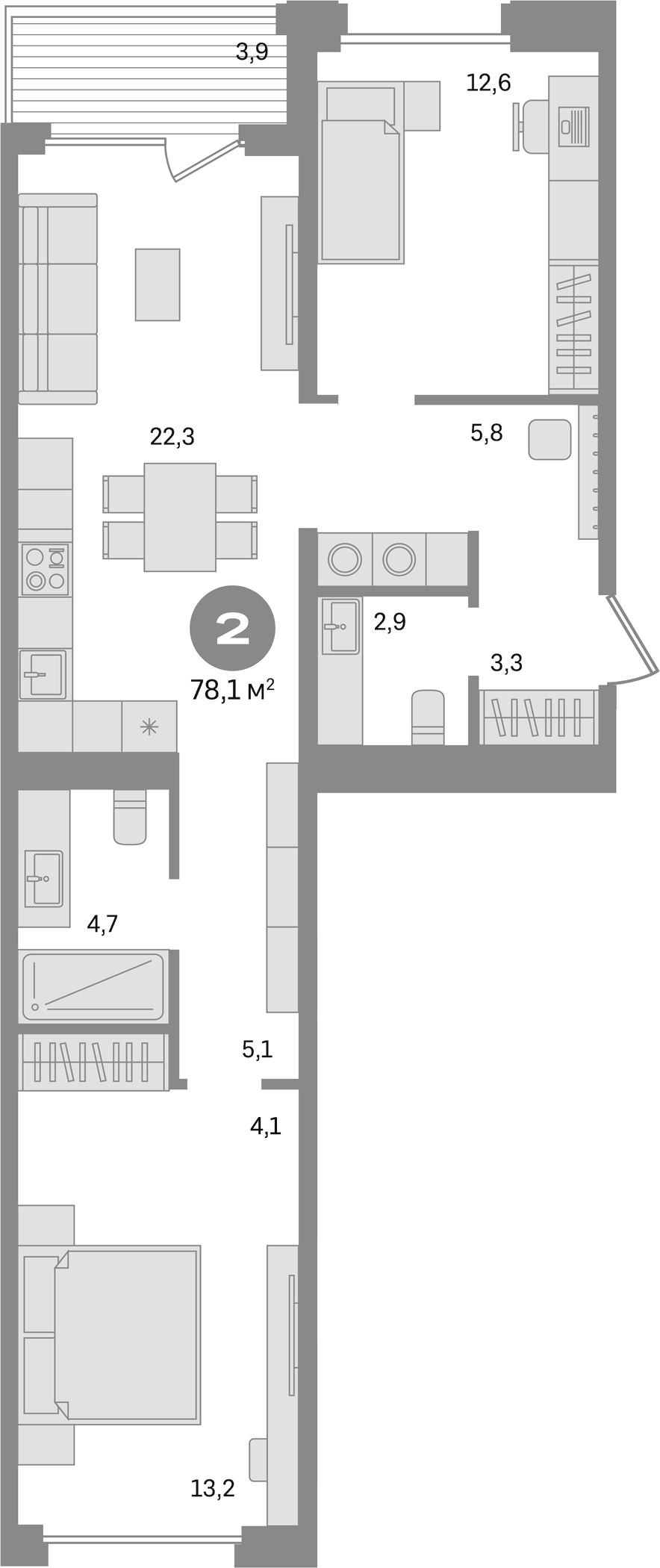 Планировка двухкомнатная 78.1 м² в ЖК «Дом А», корпус 1