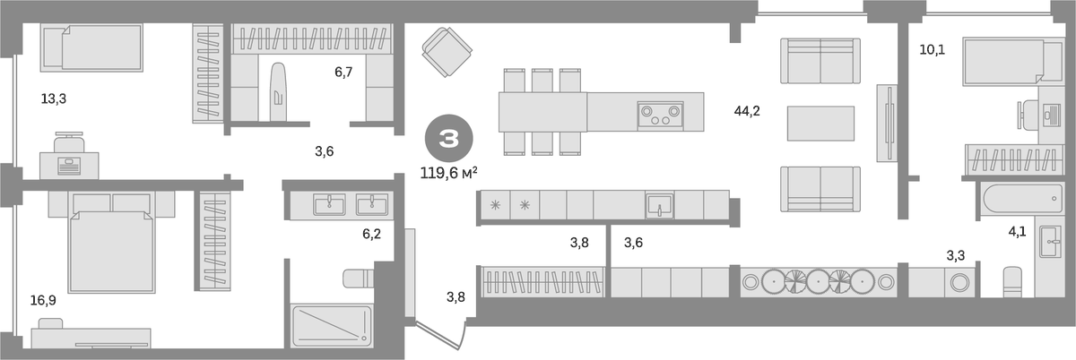 Планировка трёхкомнатная 119.6 м² в ЖК «Дом А», корпус 1