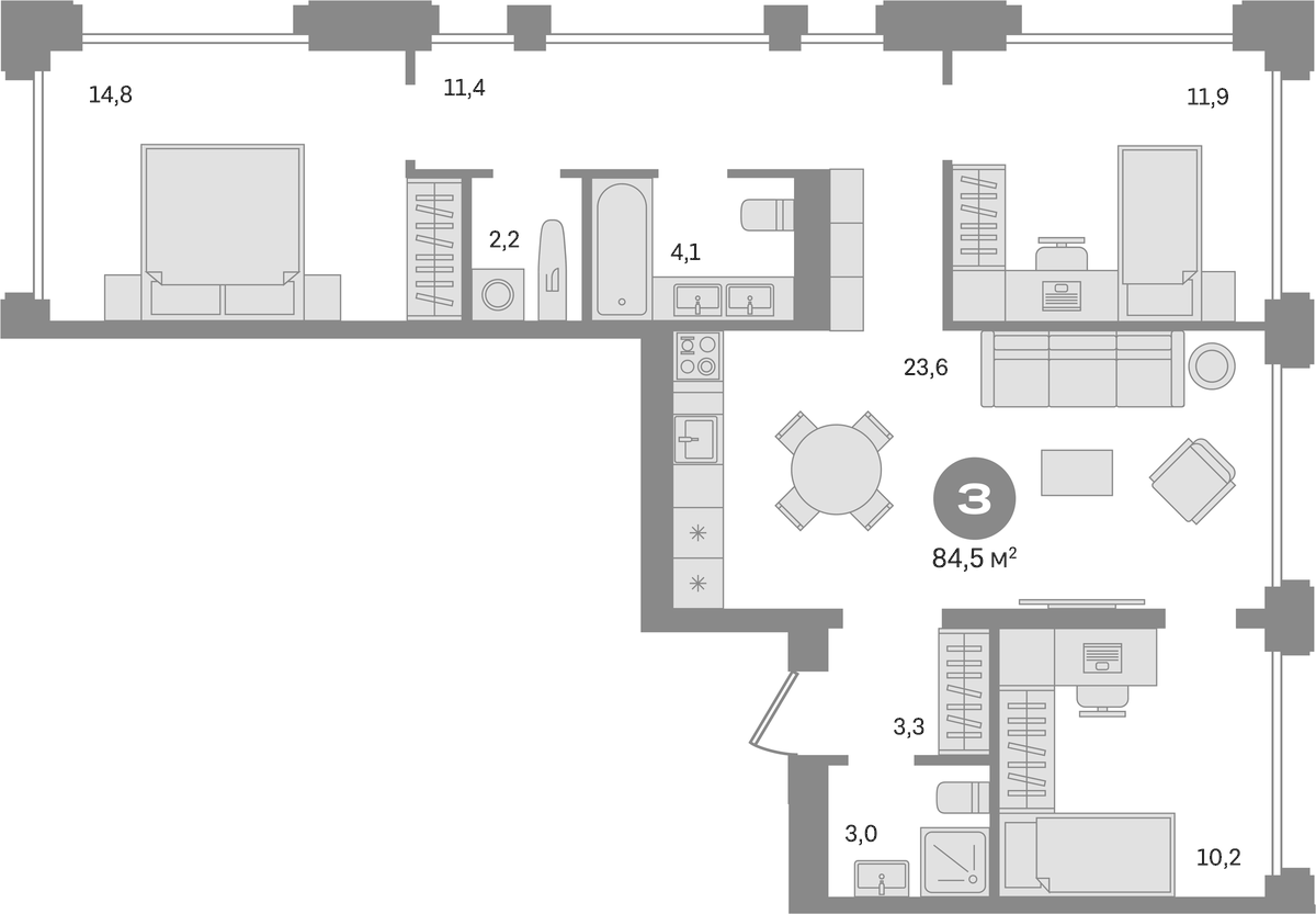 Планировка трёхкомнатная 84.5 м² в ЖК «Дом А», корпус 1