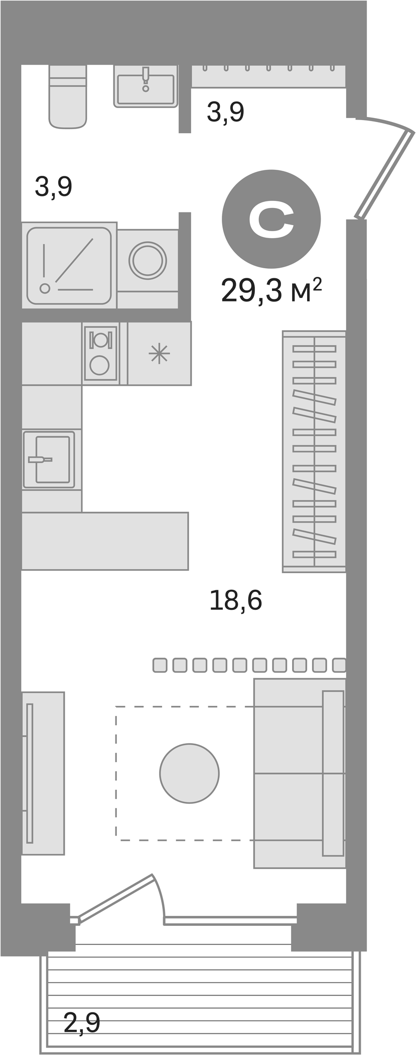 Планировка Студии 29.3 м² в ЖК «Дом А», корпус 1