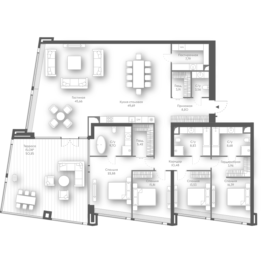 Планировка свободная планировка 248.97 м² в ЖК «Дом Дау», корпус 1