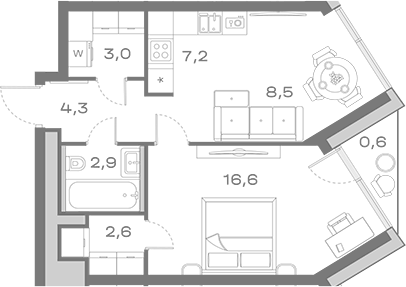 Планировка евродвушка (2Е) 45.6 м² в ЖК «Дом Горизонтов», корпус 1