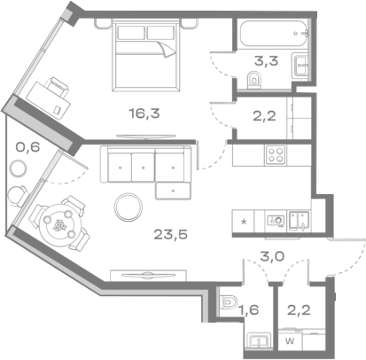 Планировка евродвушка (2Е) 52.7 м² в ЖК «Дом Горизонтов», корпус 1