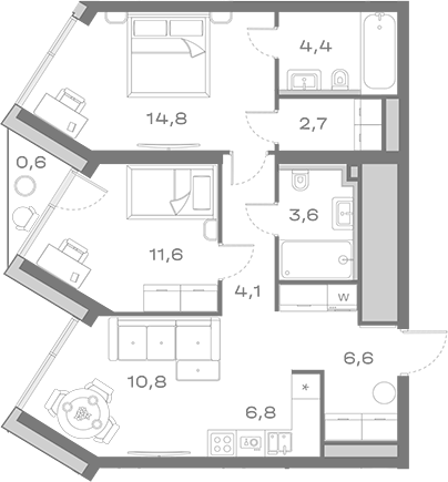 Планировка евротрёшка (3Е) 65.9 м² в ЖК «Дом Горизонтов», корпус 1