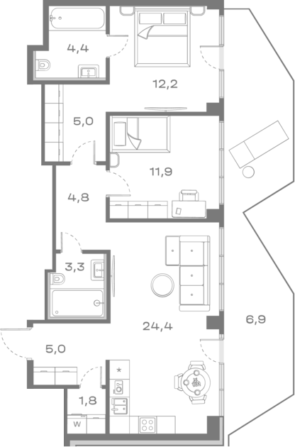 Планировка евротрёшка (3Е) 79.66 м² в ЖК «Дом Горизонтов», корпус 1