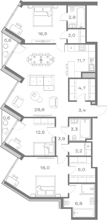 Планировка евро-4 (4Е) 122.7 м² в ЖК «Дом Горизонтов», корпус 1
