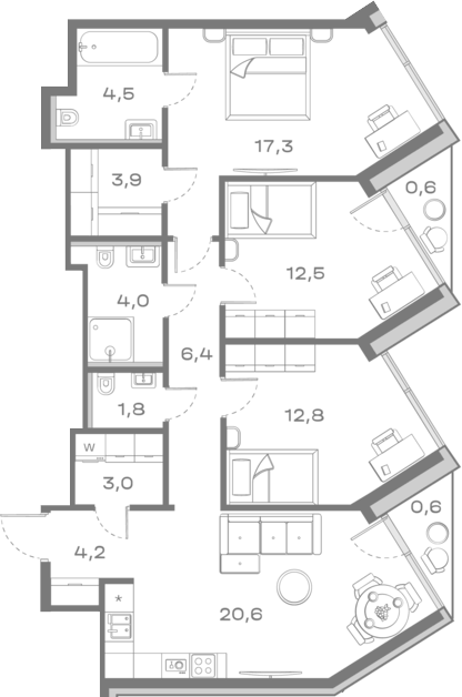 Планировка евро-4 (4Е) 92.2 м² в ЖК «Дом Горизонтов», корпус 1