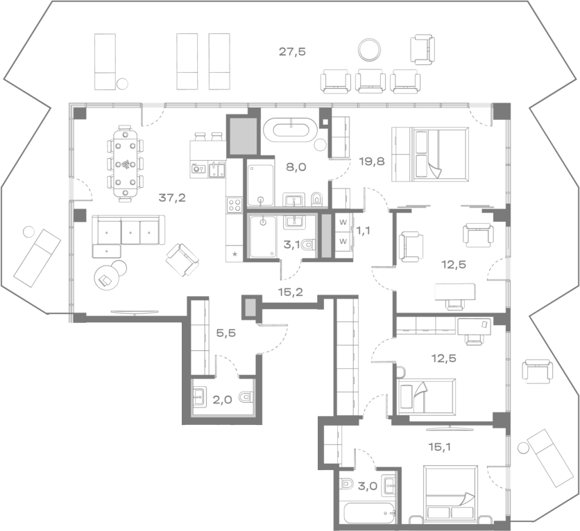 Планировка 5Е-к.кв 162.64 м² в ЖК «Дом Горизонтов», корпус 1