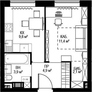 Планировка однокомнатная 33.2 м² в ЖК «Дом МАЛЕВИЧ», корпус Дом МАЛЕВИЧ