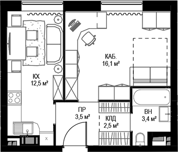 Планировка однокомнатная 38 м² в ЖК «Дом МАЛЕВИЧ», корпус Дом МАЛЕВИЧ