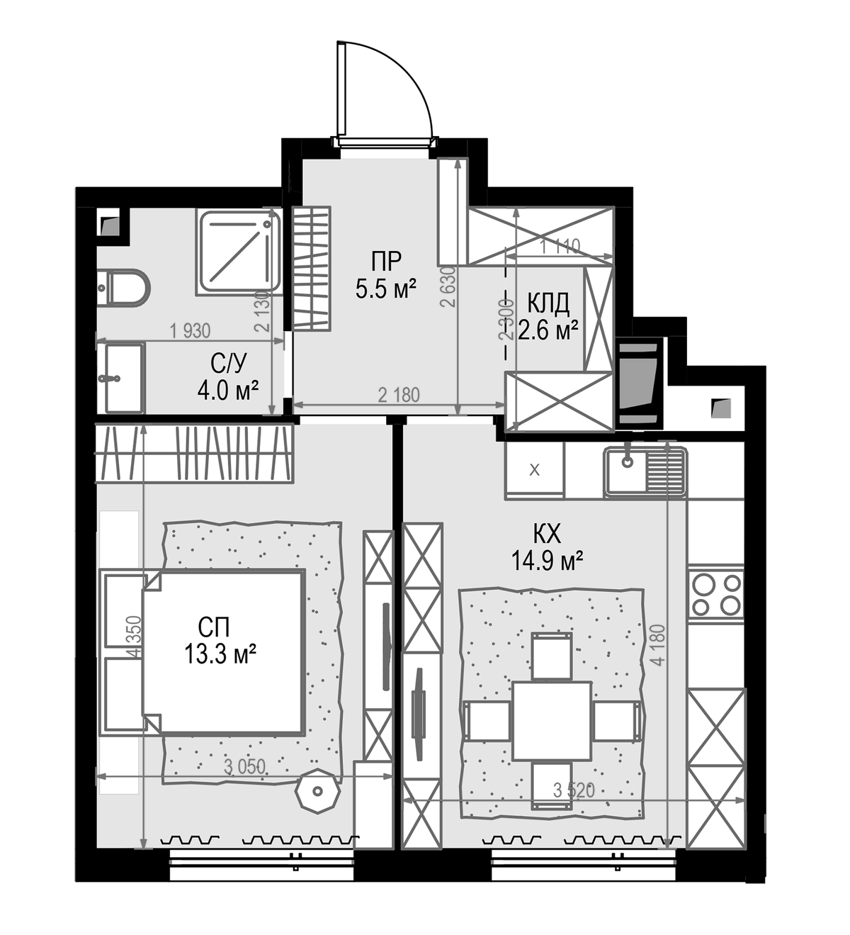 Планировка евродвушка (2Е) 38.8 м² в ЖК «Дом МАЛЕВИЧ», корпус Дом МАЛЕВИЧ