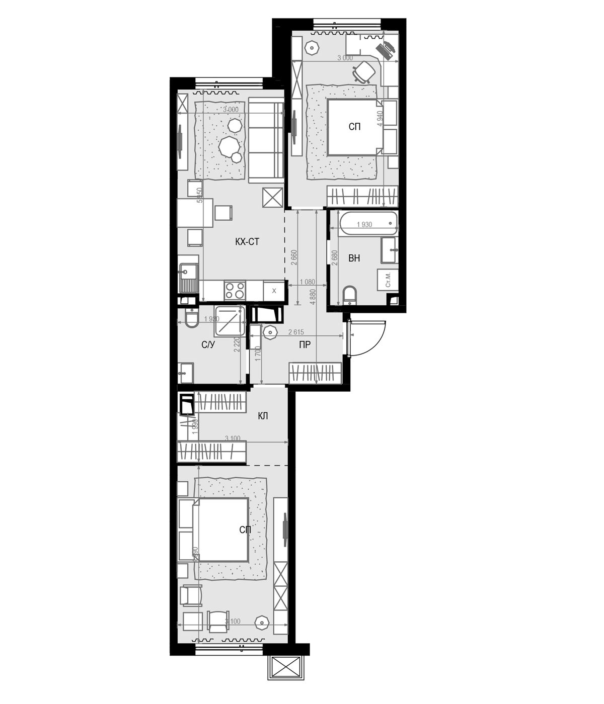 Планировка евротрёшка (3Е) 70.7 м² в ЖК «Дом МАЛЕВИЧ», корпус Дом МАЛЕВИЧ