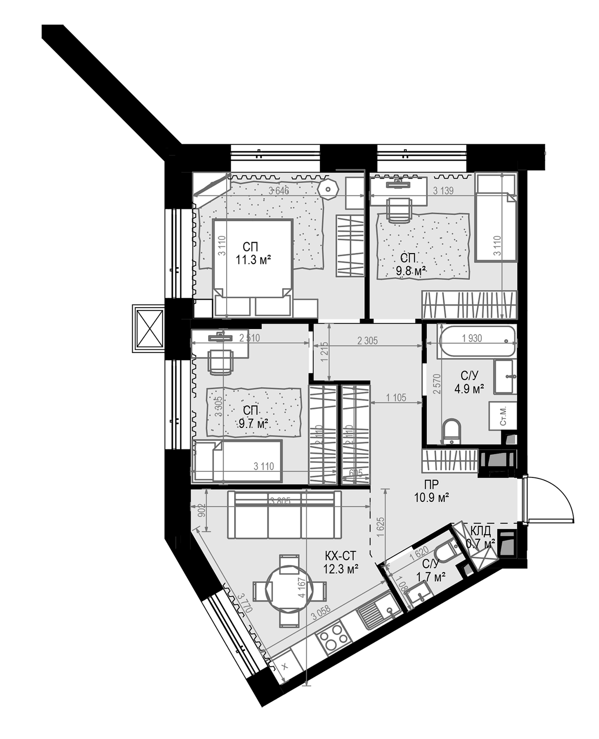 Планировка евро-4 (4Е) 60.7 м² в ЖК «Дом МАЛЕВИЧ», корпус Дом МАЛЕВИЧ