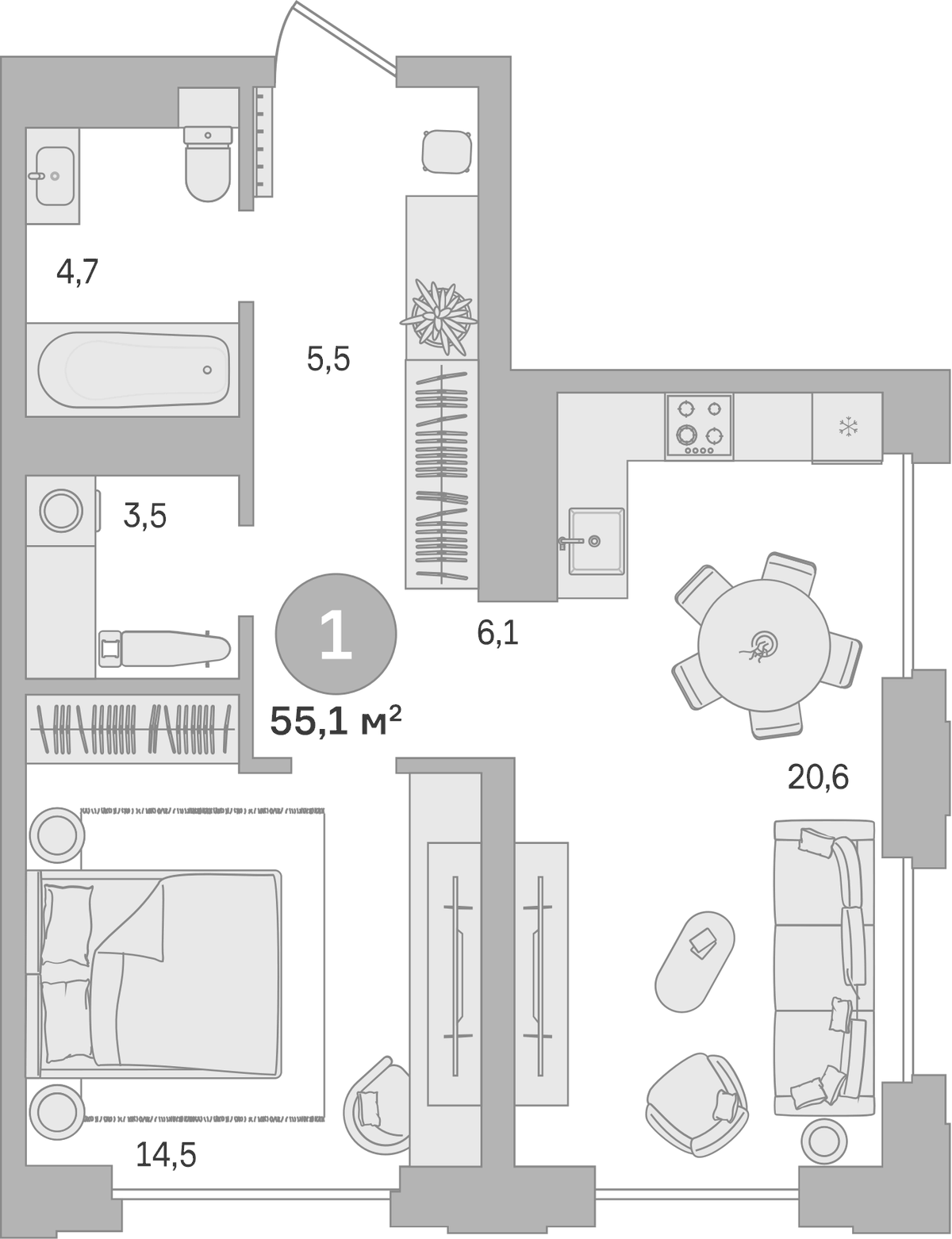 Планировка однокомнатная 55.1 м² в ЖК «Квартал МОНС», корпус 2