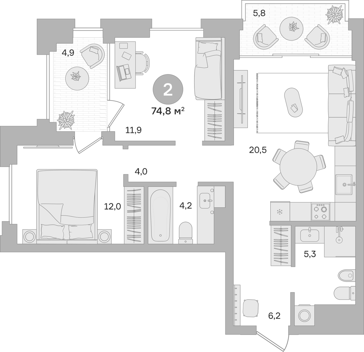 Планировка двухкомнатная 74.8 м² в ЖК «Квартал МОНС», корпус 2