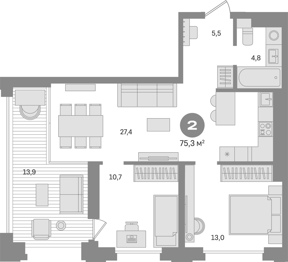 Планировка двухкомнатная 75.3 м² в ЖК «Квартал МОНС», корпус 2