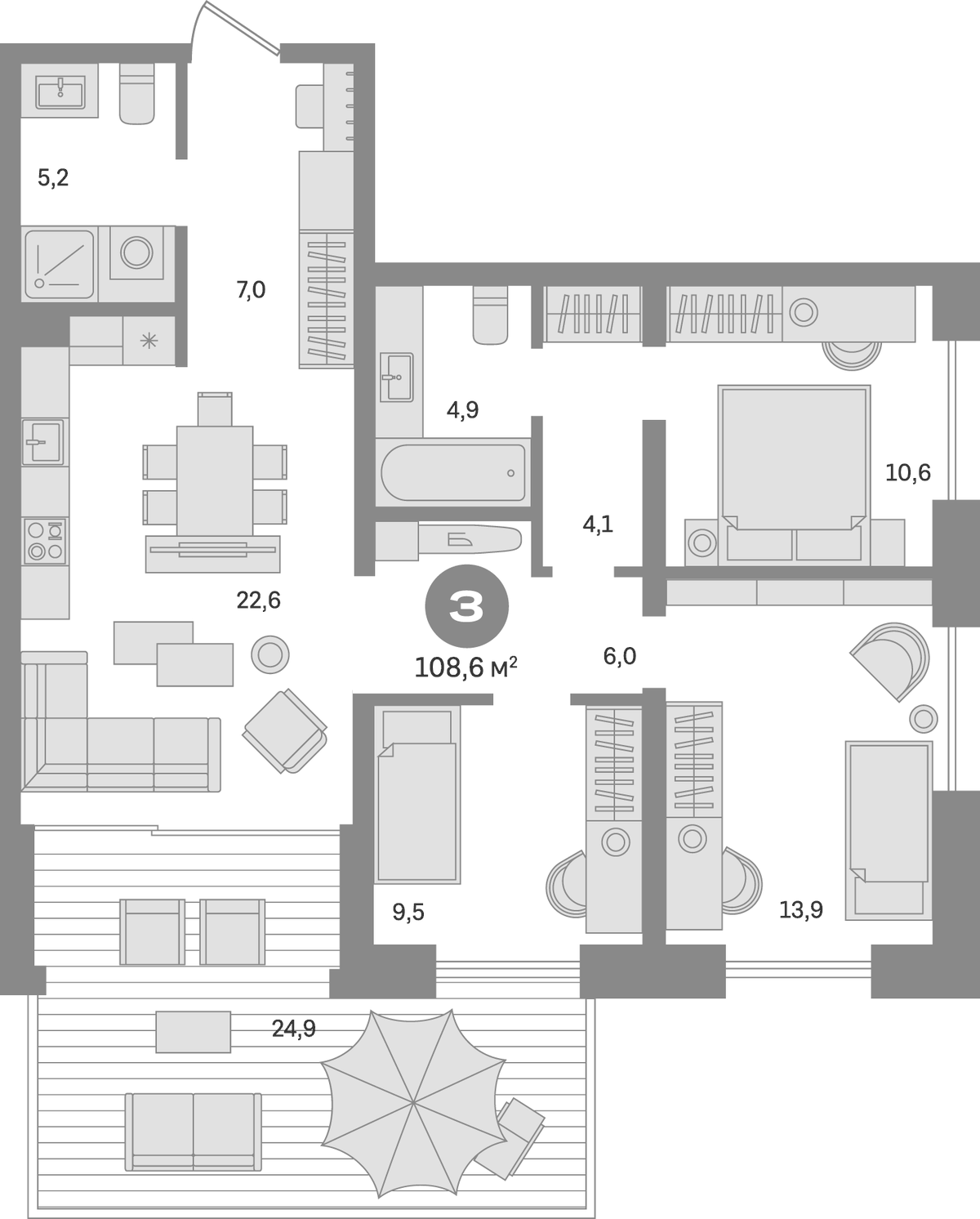Планировка трёхкомнатная 108.6 м² в ЖК «Квартал МОНС», корпус 3