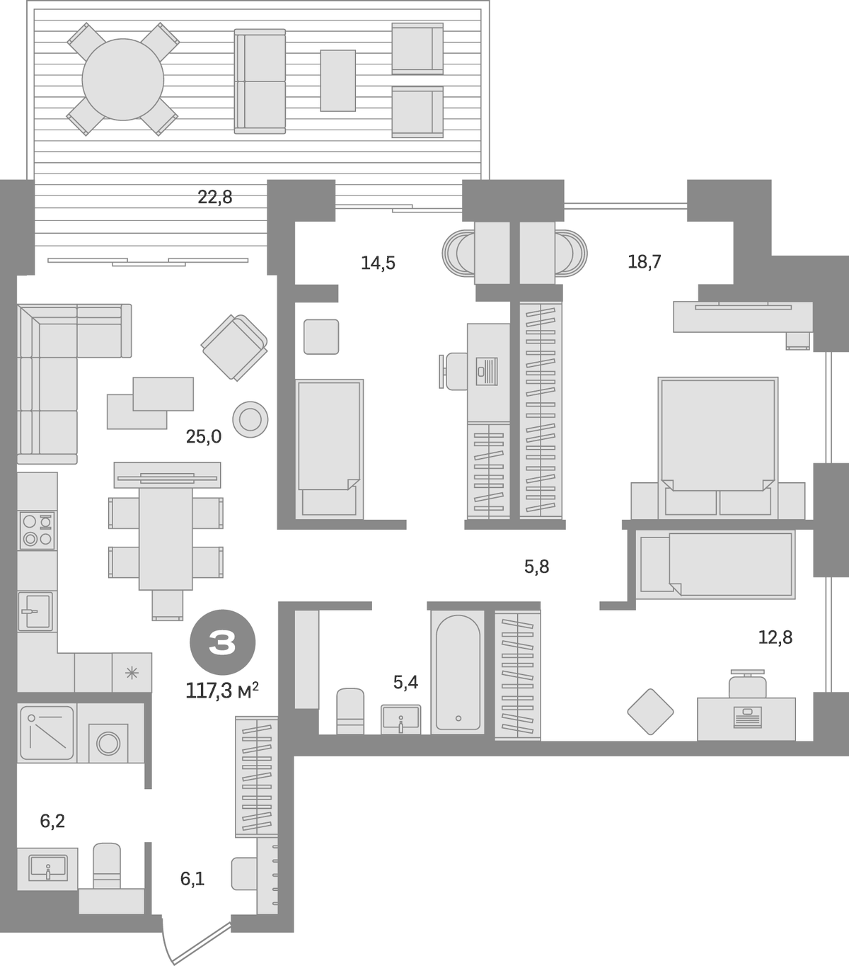 Планировка трёхкомнатная 117.3 м² в ЖК «Квартал МОНС», корпус 2