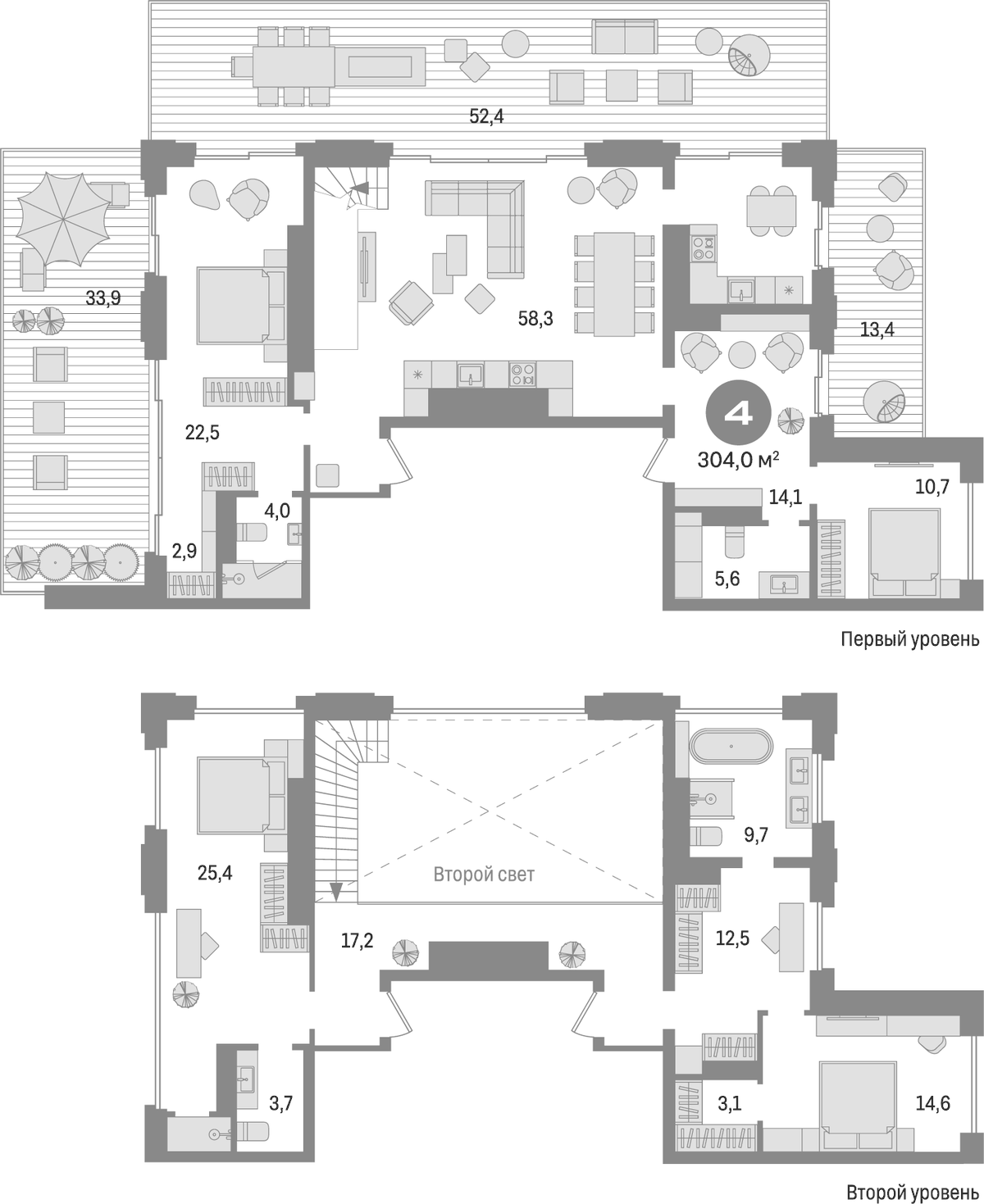 Планировка четырёхкомнатная 304 м² в ЖК «Квартал МОНС», корпус 2