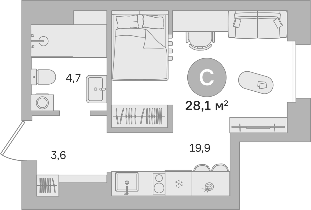 Планировка Студии 27.6 м² в ЖК «Квартал МОНС», корпус 2