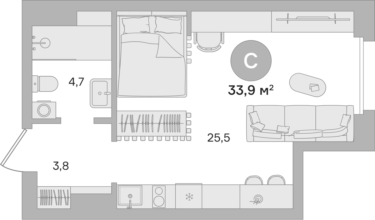 Планировка Студии 33.9 м² в ЖК «Квартал МОНС», корпус 1