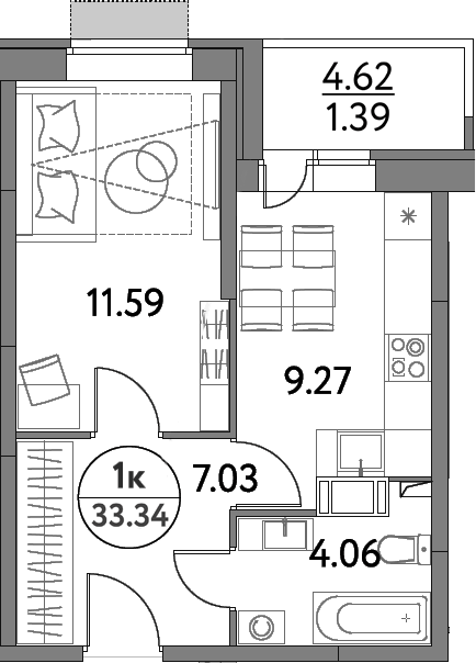 Планировка однокомнатная 33.34 м² в ЖК «Дом на Сиреневой», корпус 62А