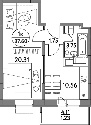 Планировка однокомнатная 37.6 м² в ЖК «Дом на Сиреневой», корпус 62Б