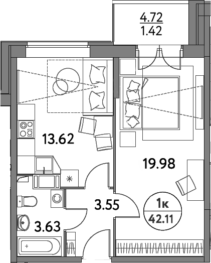 Планировка однокомнатная 42.11 м² в ЖК «Дом на Сиреневой», корпус 62А