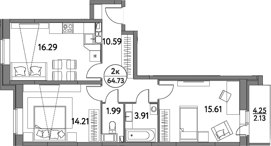 Планировка евротрёшка (3Е) 64.73 м² в ЖК «Дом на Сиреневой», корпус 62А